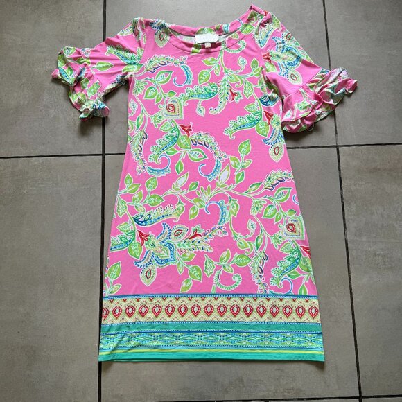 Pappagallo Pink Paisley Dress Size Small Ruffle Sleeve Spring Summer Midi - Picture 2 of 8